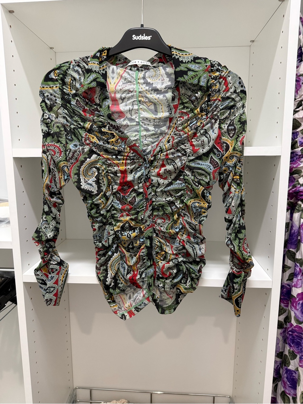 Ruched Paisley Long-Sleeve Blouse - Multicolor